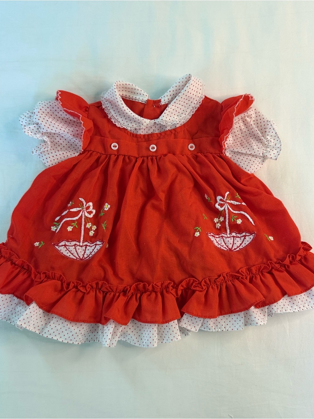 Vintage Red Embroidered Baby Dress with Polka Dot Trim